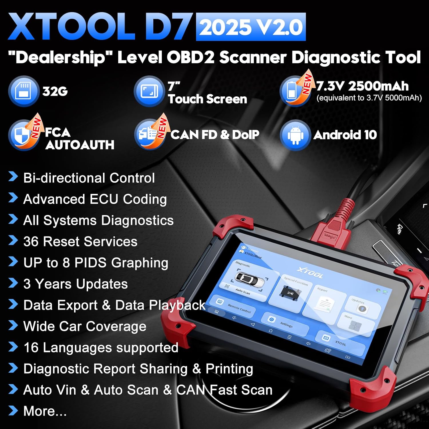Xtool D7 OBD2 Scanner for All Cars â€?Full System Diagnostic, ECU Programming, Bi-Directional Control, 3-Year Free Update